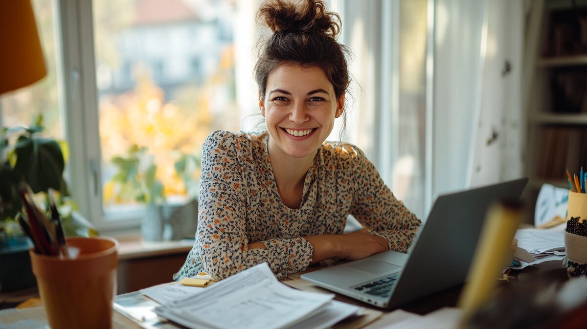 Unternehmerin arbeitet zufrieden am Laptop